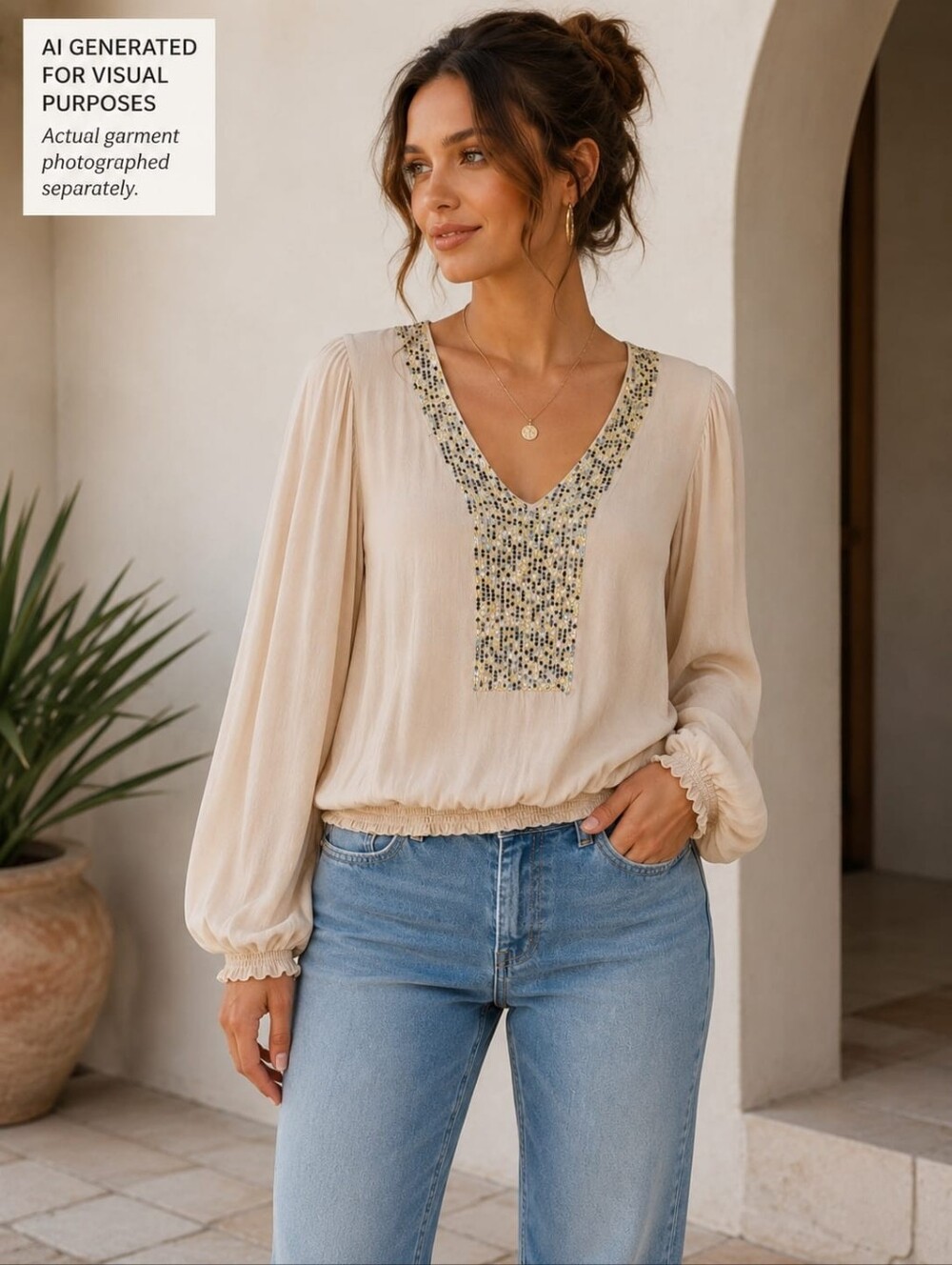 Cream V-Neck Beaded Long-Sleeve Blouse. Cottage Core.Resort. Peasant. Boho. M.